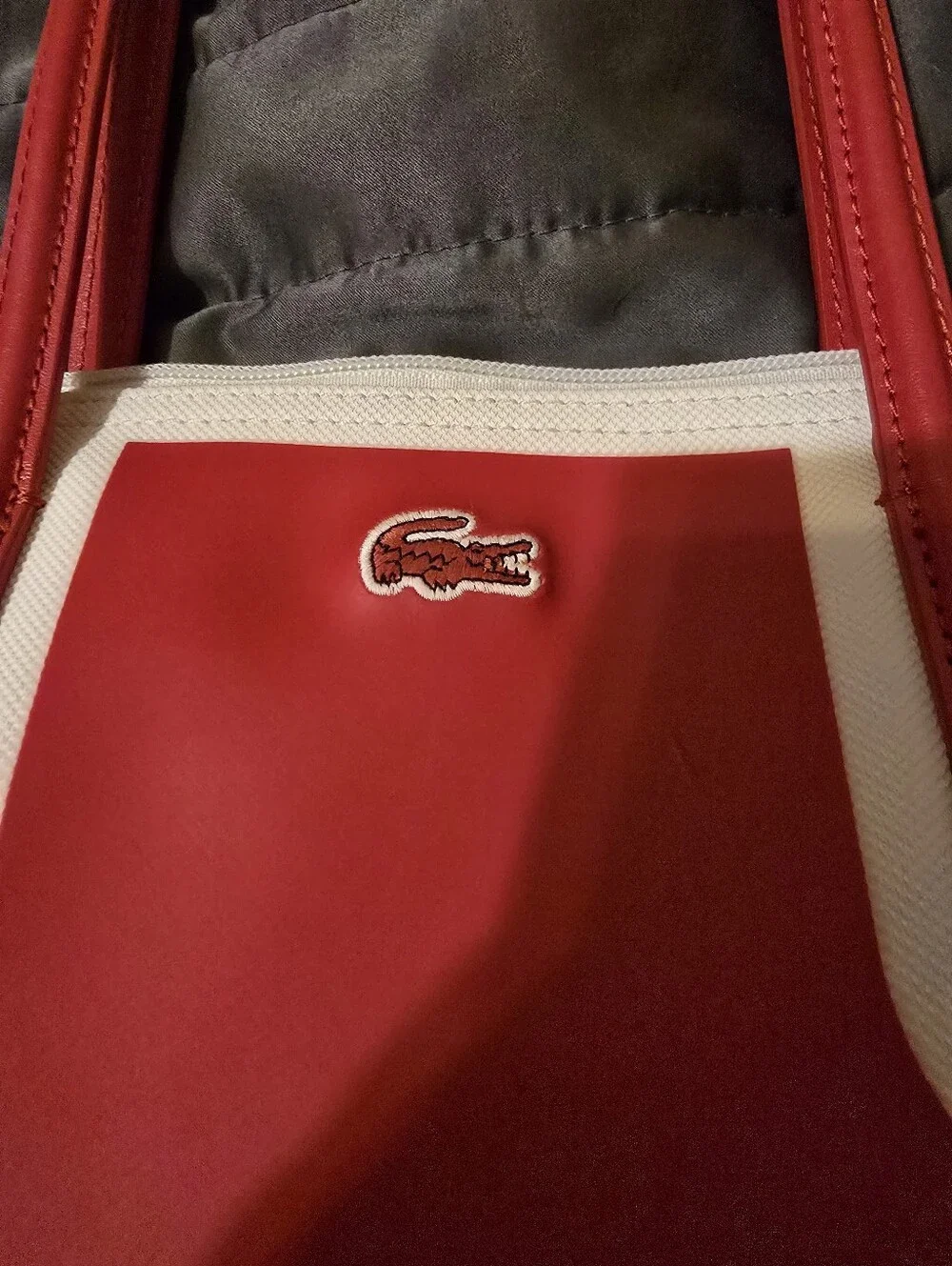 Lacoste Red White Trim L.12.12 Concept Shopping Bag Large Zipper Tote Purse